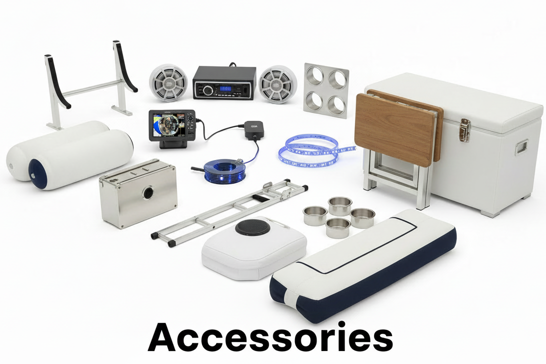 Pontoon accessories with Accessories text overlay