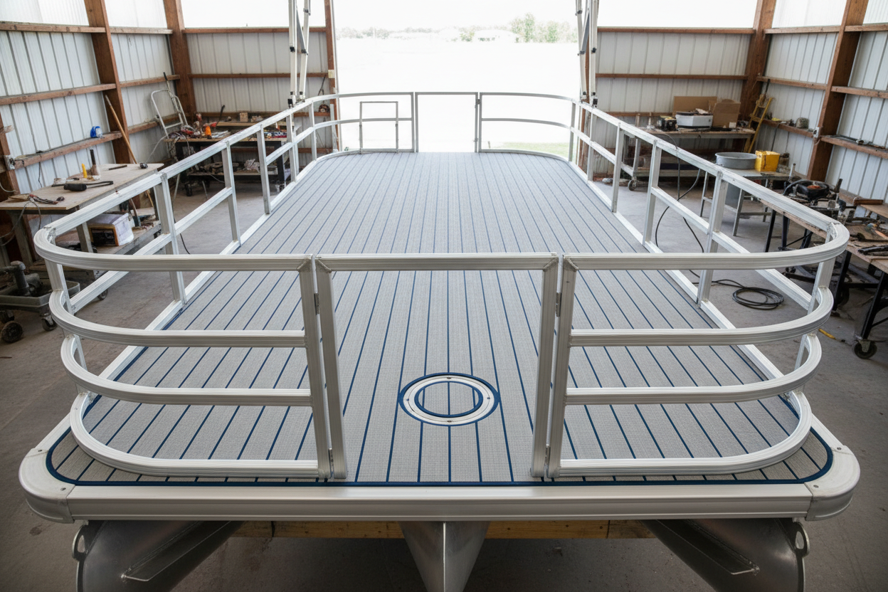 Pontoon boat under construction with flooring installed