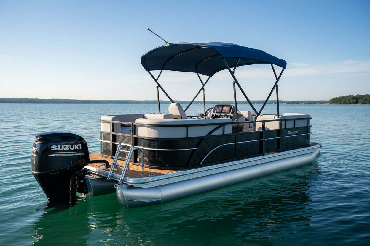Pontoon boat with custom SeaDeck flooring, Suzuki motor, and bimini top